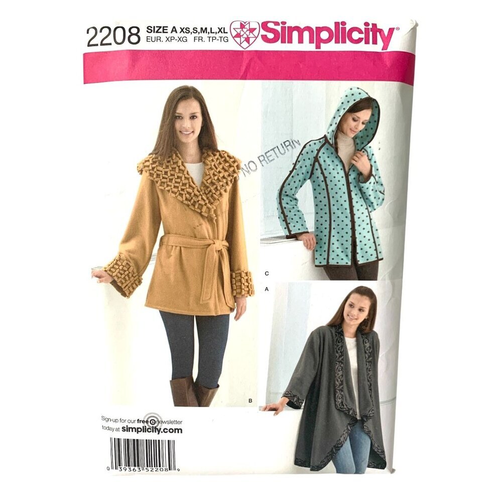 SIMPLICITY 2208 Pattern Misses Fleece Jacket UNCUT Size XS S M L XL